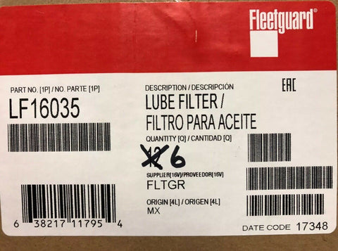 Fleetguard LF16035 Oil Filter For 1989-2013 Dodge Ram Cummins 5.9 6.7(PACK OF 6)